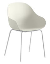 Moderner, cremefarbener Stuhl mit geschwungener Rückenlehne und weißen Metallbeinen, seitliche Perspektive.