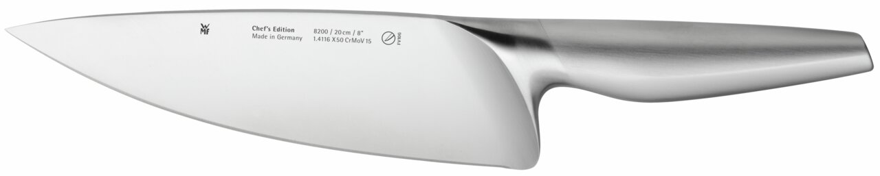 Zijaanzicht van een zilveren keukenmes uit de Chef's Edition met een lemmet van 20 cm, vervaardigd in Duitsland.