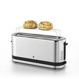 Langschlitz-Toaster Küchenmini aus Edelstahl mit zwei Brötchen auf dem Brötchenaufsatz, seitliche Perspektive