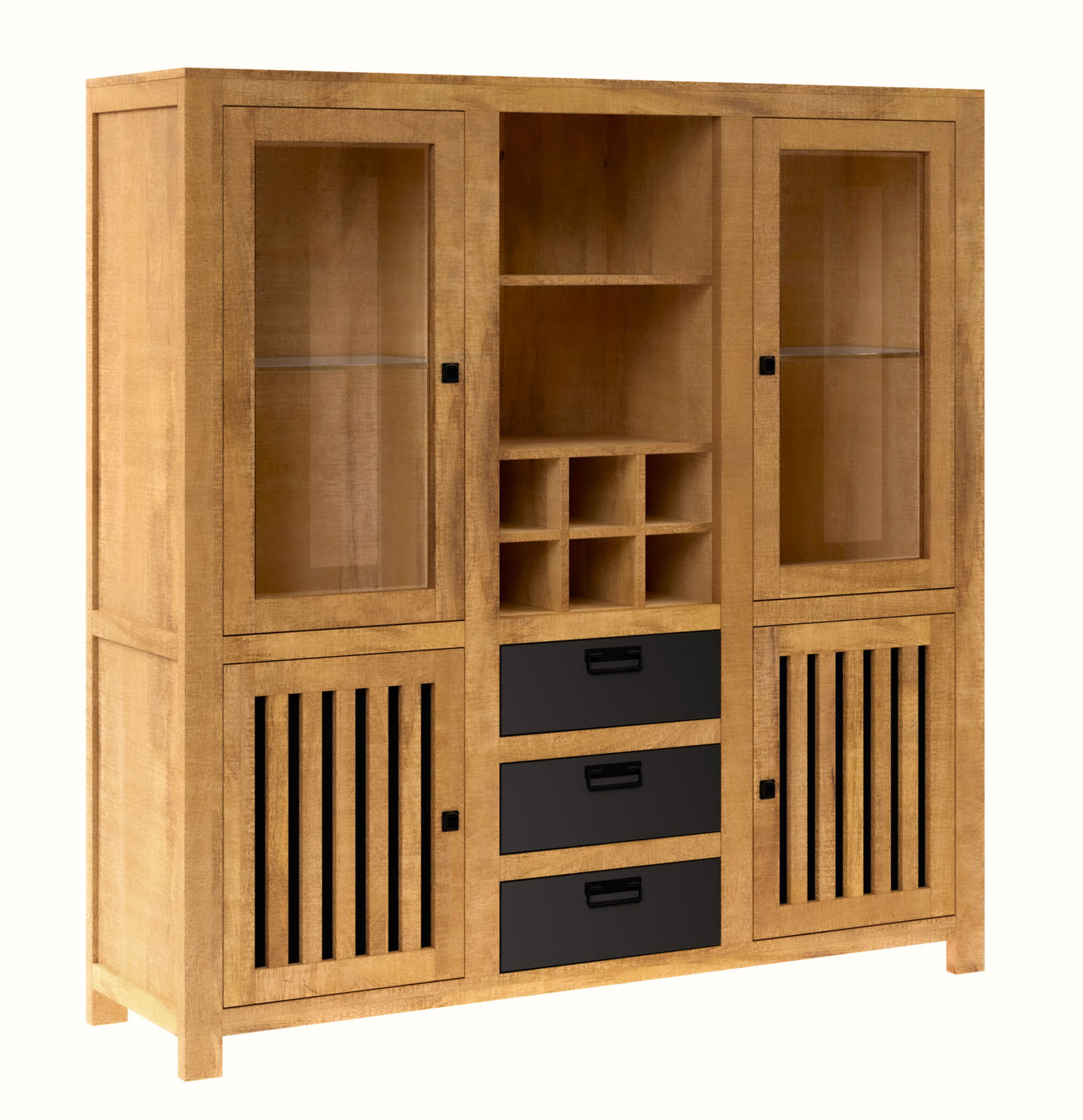 Hochwertiges Highboard aus Holz mit Glastüren, offenen Regalfächern und Schubladen, Frontalansicht