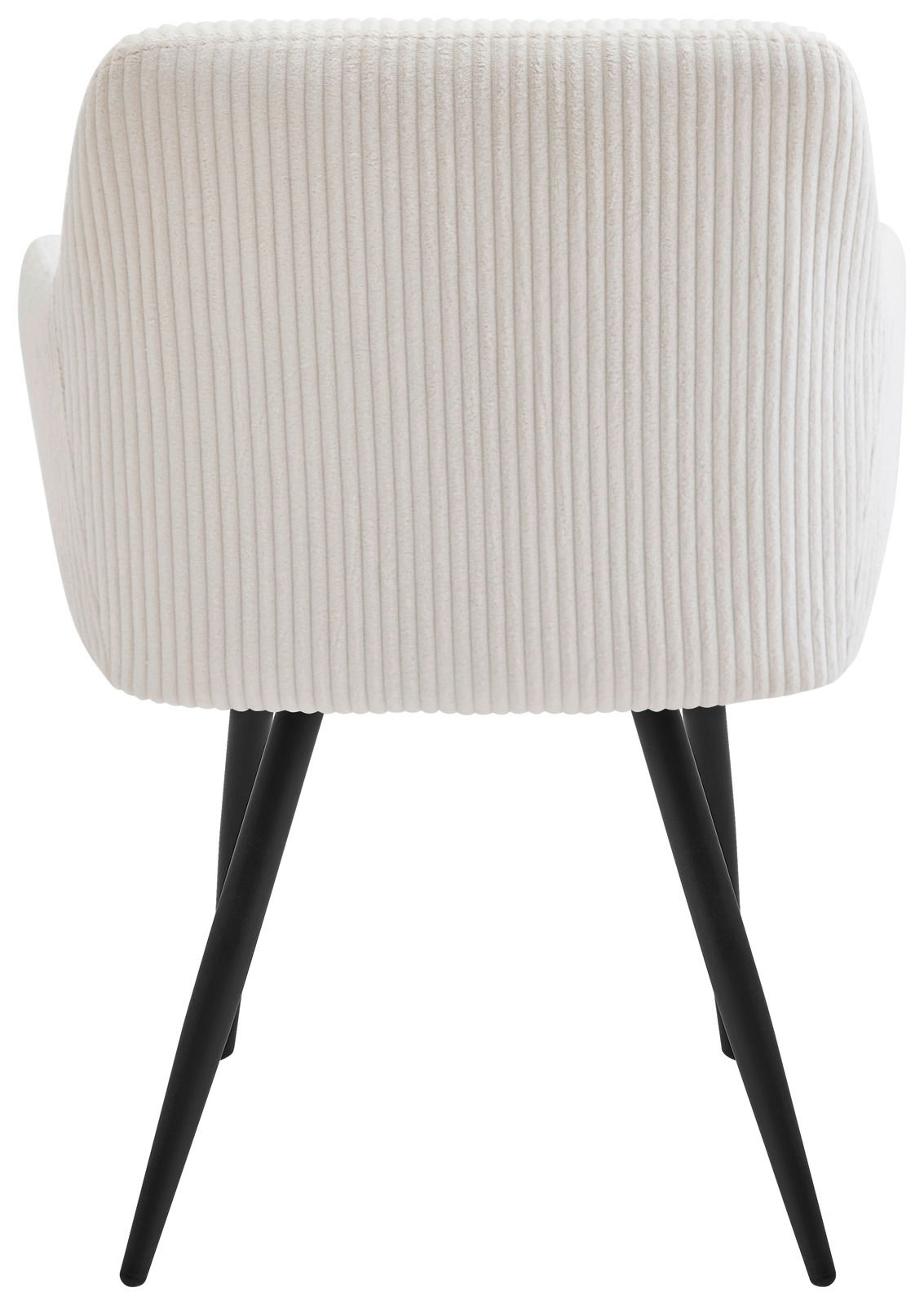 Rückansicht eines Armlehnstuhls mit cremefarbenem, geripptem Stoffbezug und schwarzen, schrägen Beinen.