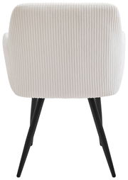 Rückansicht eines Armlehnstuhls mit cremefarbenem, geripptem Stoffbezug und schwarzen, schrägen Beinen.