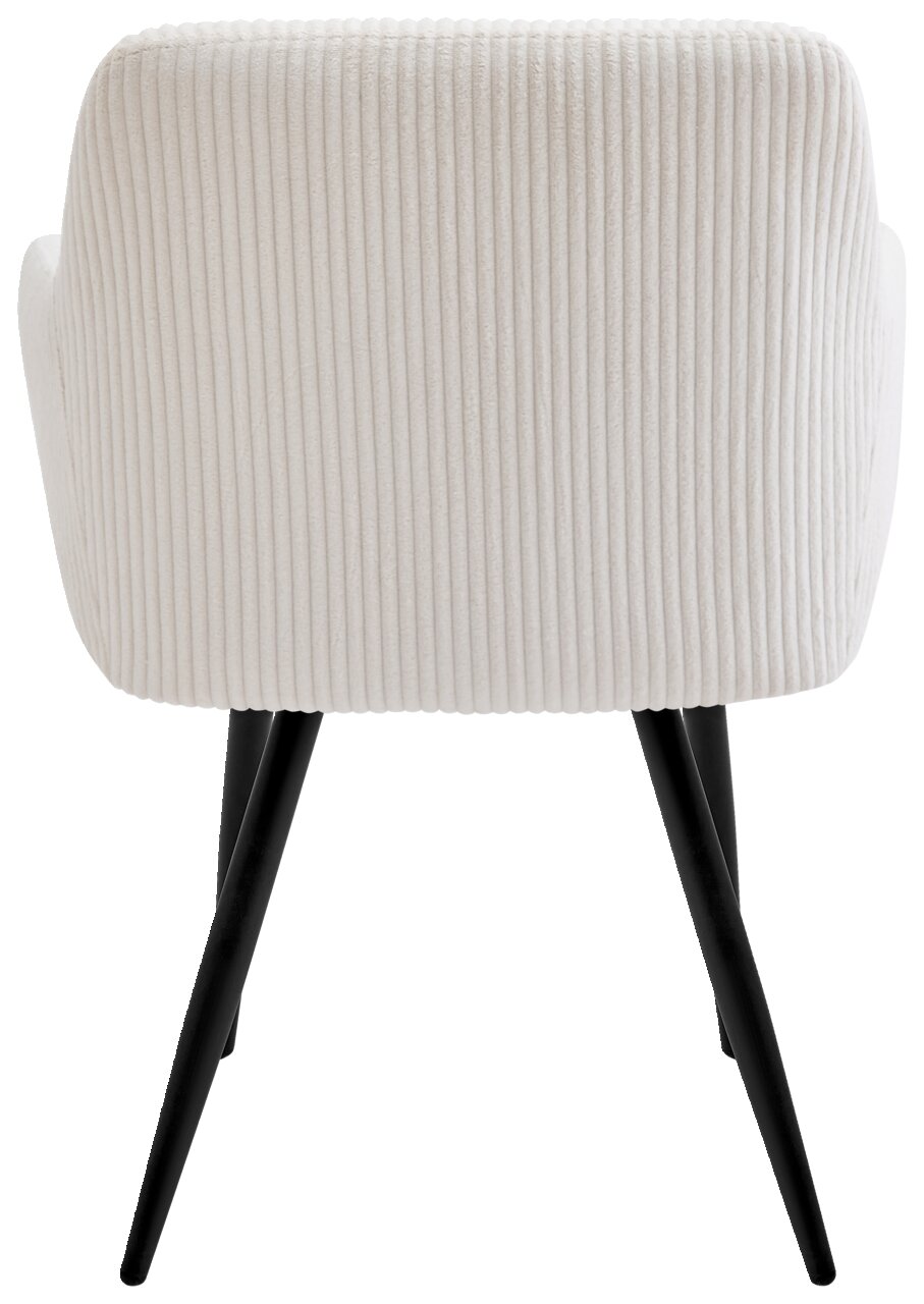 Rückansicht eines Armlehnstuhls mit cremefarbenem, geripptem Stoffbezug und schwarzen, schrägen Beinen.