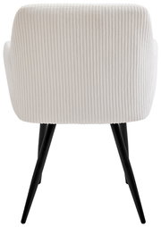 Rückansicht eines Armlehnstuhls mit cremefarbenem, geripptem Stoffbezug und schwarzen, schrägen Beinen.