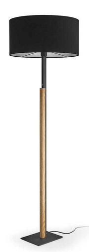 Moderne Stehleuchte mit schwarzem Lampenschirm und Holzdetails, seitliche Perspektive