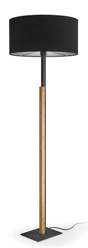 Moderne Stehleuchte mit schwarzem Lampenschirm und Holzdetails, seitliche Perspektive