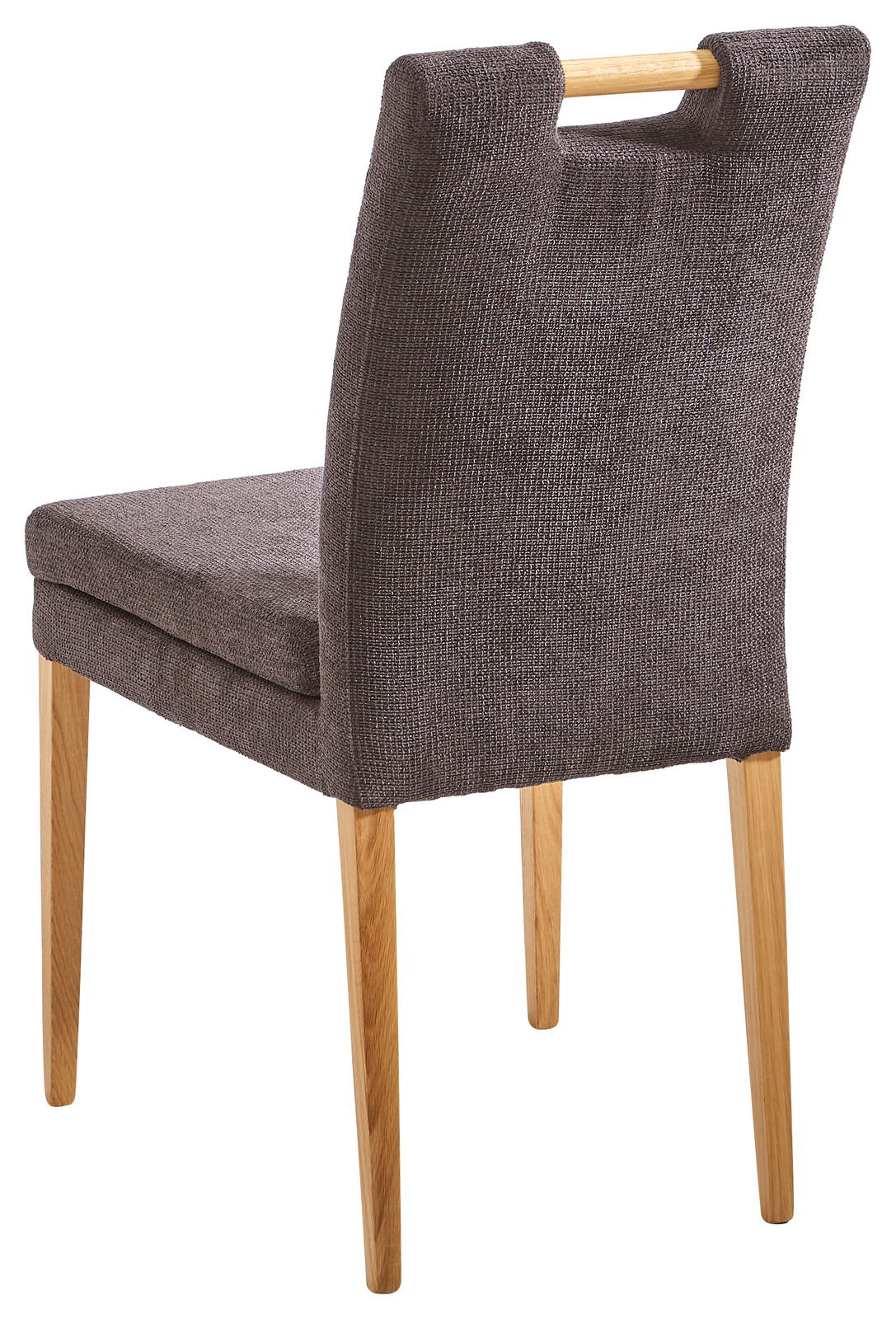 Rückansicht eines modernen Stuhls mit braunem Stoffbezug und Holzbeinen, mit einem Griff an der Rückenlehne.