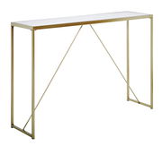 Moderner Konsolentisch mit schlankem Metallrahmen in goldener Farbe, seitliche Perspektive
