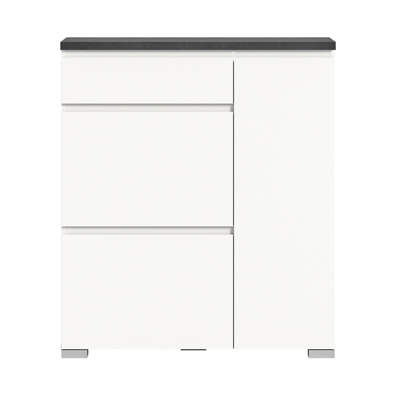 Weißer Schuhschrank mit drei Schubladen und einer Tür, frontal abgebildet