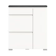 Weißer Schuhschrank mit drei Schubladen und einer Tür, frontal abgebildet