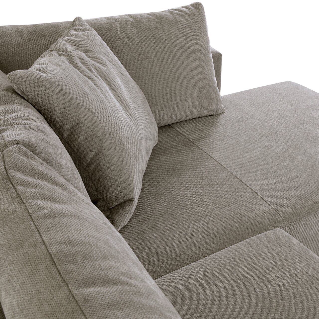 Nahaufnahme eines Ecksofas SORIA in grauem Stoff, Perspektive von oben auf die Sitzfläche und Kissen.