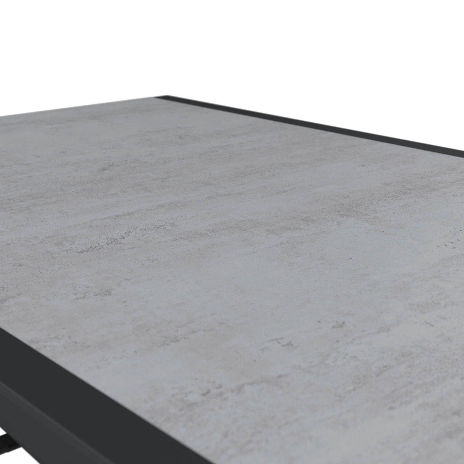 Nahaufnahme eines modernen Gartentisches mit grauer Steinoptik-Oberfläche, perspektivisch von oben betrachtet.