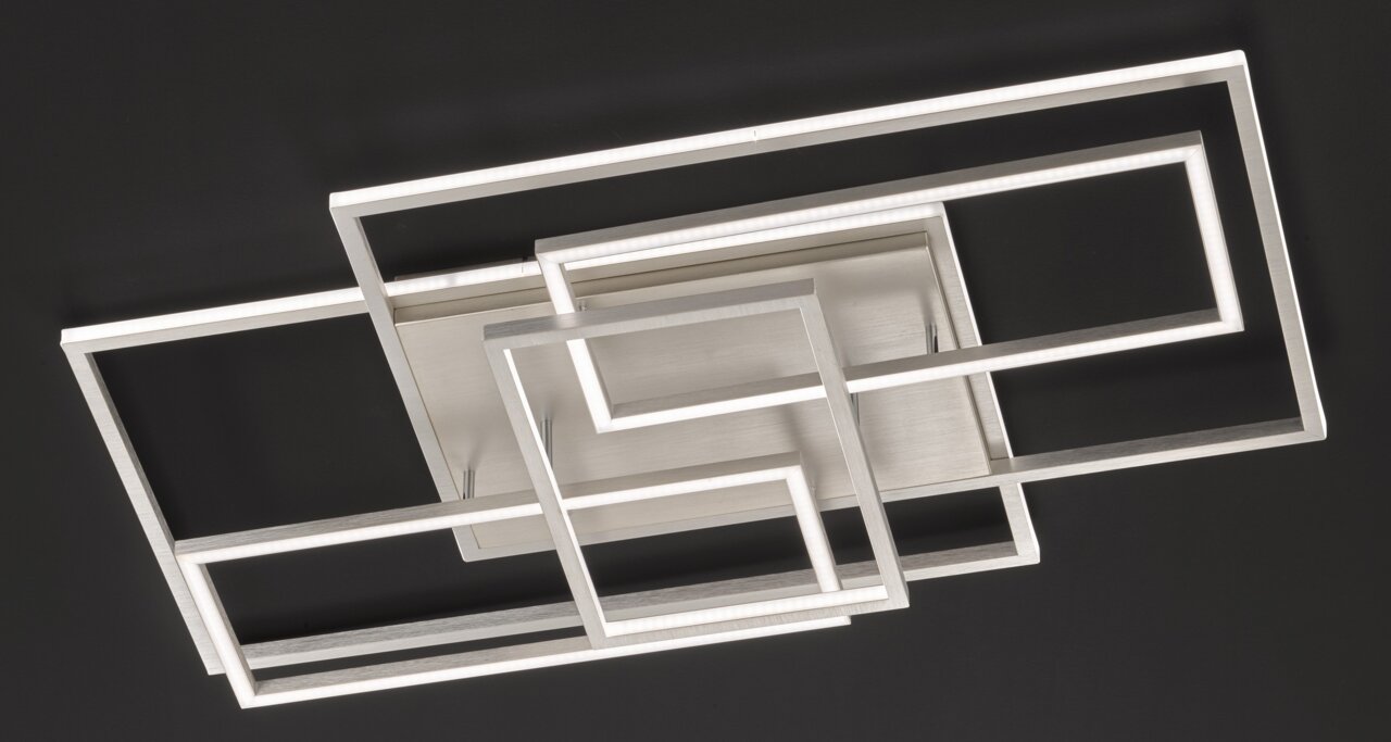 Moderne LED-Deckenleuchte mit geometrischem Design aus rechteckigen Rahmen, Ansicht von unten.
