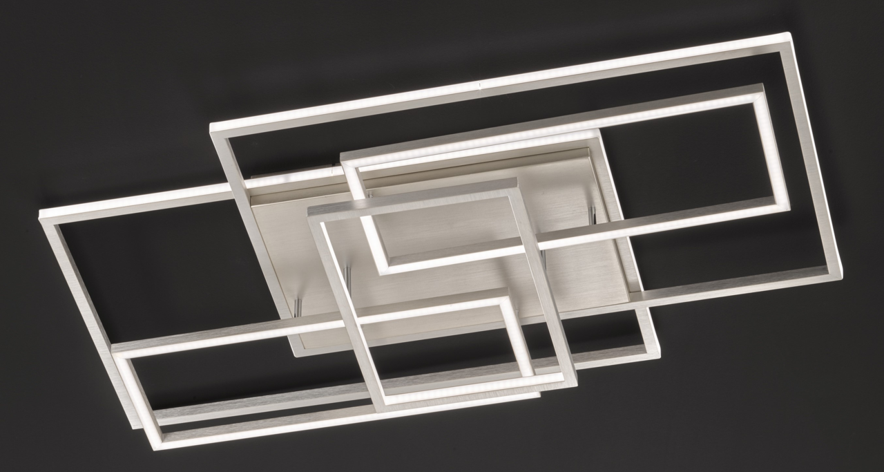 Moderne LED-Deckenleuchte mit geometrischem Design aus rechteckigen Rahmen, Ansicht von unten.