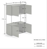 Hochschrank mit zwei offenen Türen, graue Farbe, Maße: 119,5 cm hoch, 80,7 cm breit, 35,7 cm tief, seitliche Perspektive