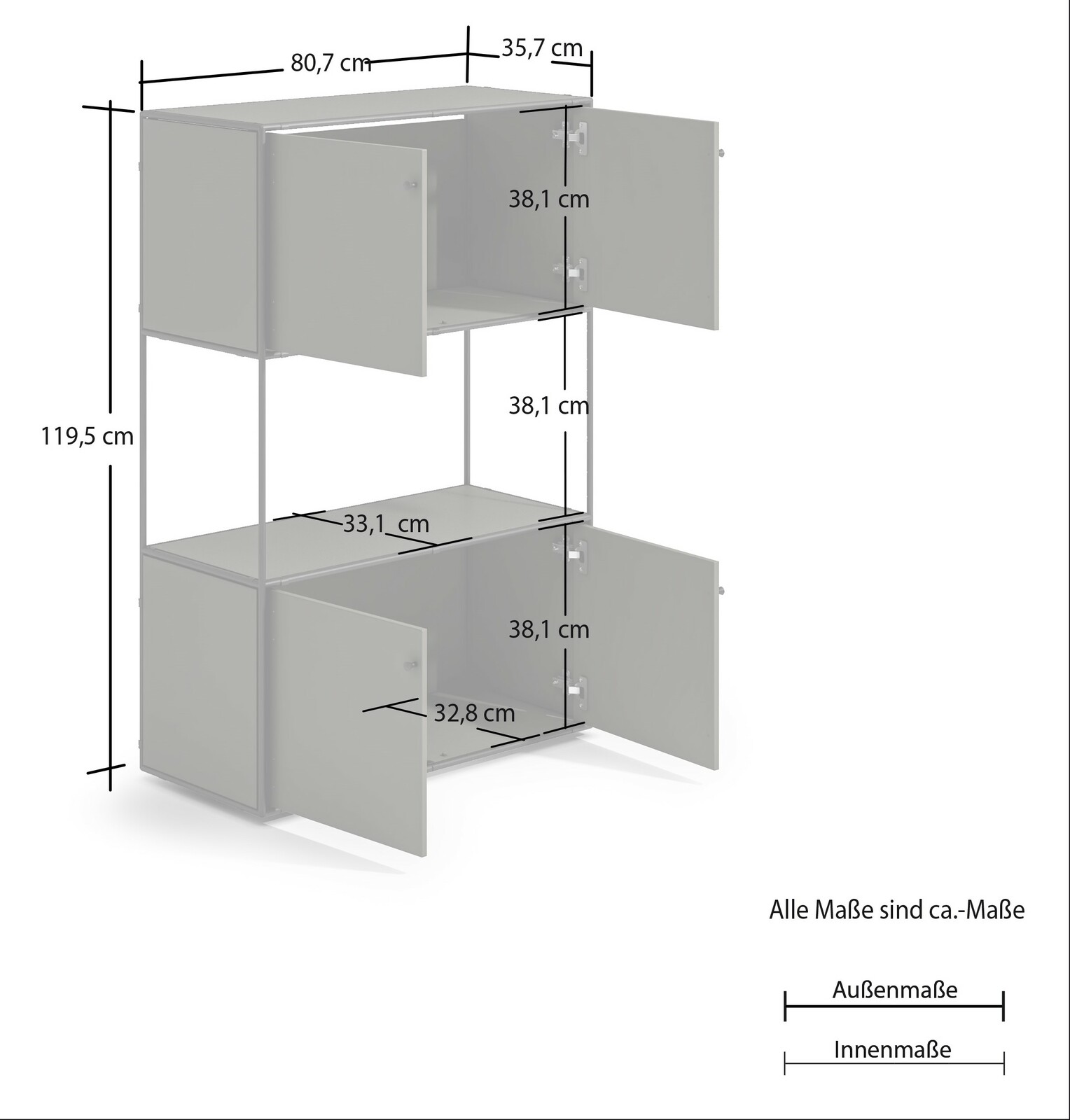 Hochschrank mit zwei offenen Türen, graue Farbe, Maße: 119,5 cm hoch, 80,7 cm breit, 35,7 cm tief, seitliche Perspektive