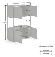 Hochschrank mit zwei offenen Türen, graue Farbe, Maße: 119,5 cm hoch, 80,7 cm breit, 35,7 cm tief, seitliche Perspektive