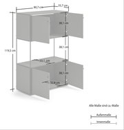 Hochschrank mit zwei offenen Türen, graue Farbe, Maße: 119,5 cm hoch, 80,7 cm breit, 35,7 cm tief, seitliche Perspektive