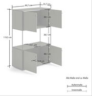 Hochschrank mit zwei offenen Türen, graue Farbe, Maße: 119,5 cm hoch, 80,7 cm breit, 35,7 cm tief, seitliche Perspektive