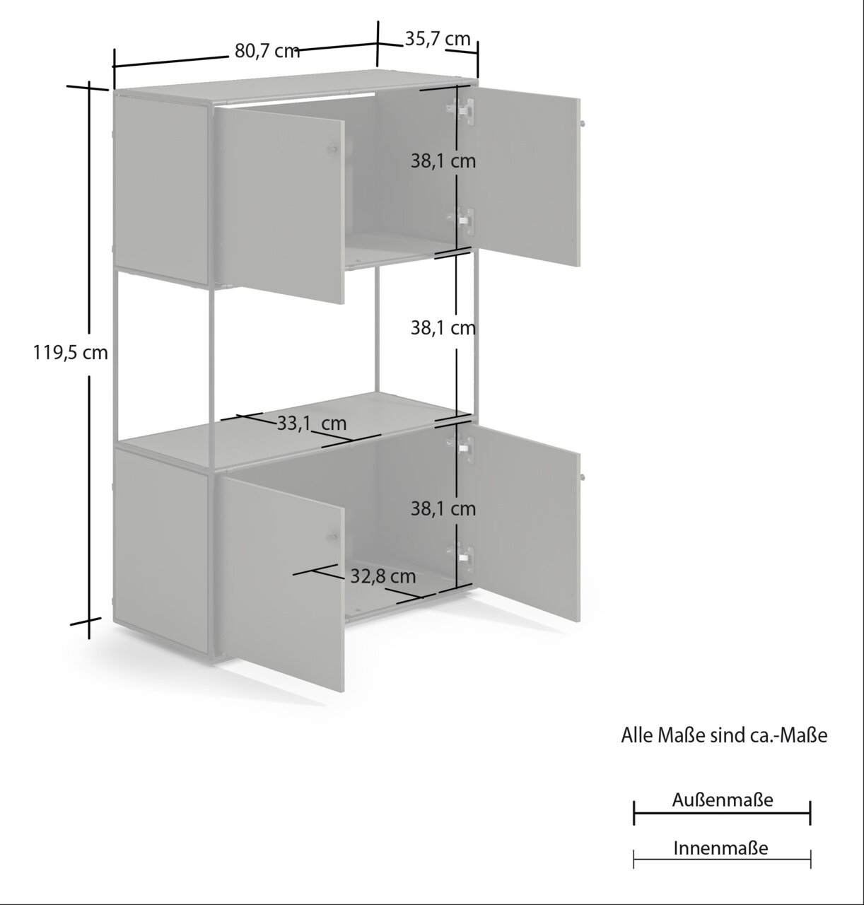 Hoge kast met twee open deuren, grijze kleur, afmetingen: 119,5 cm hoog, 80,7 cm breed, 35,7 cm diep, zijaanzicht