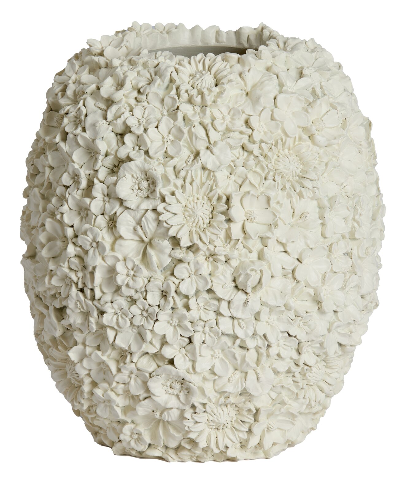 Weiße Vase mit detailliertem Blumenrelief, seitliche Perspektive