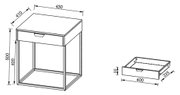 Technische Zeichnung eines kompakten Nachttischs/Beistelltischs mit Metallrahmen und Schublade, inklusive Maßangaben (ca. 430×410×500 mm) sowie separater Schubladenansicht; Perspektive: isometrische Schrägansicht von vorne oben.
