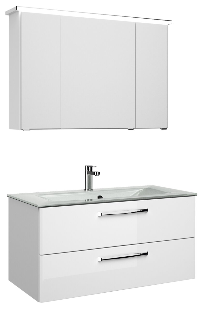 Pelipal Badblock TRENTINO Moderner weißer Badblock mit Spiegelschrank und Waschbecken, seitliche Perspektive