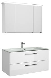 Moderner weißer Badblock mit Spiegelschrank und Waschbecken, seitliche Perspektive