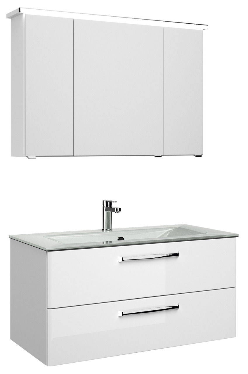 Moderner weißer Badblock mit Spiegelschrank und Waschbecken, seitliche Perspektive