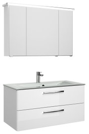 Moderner weißer Badblock mit Spiegelschrank und Waschbecken, seitliche Perspektive