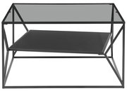 Moderner Beistelltisch mit Glasplatte und schwarzem Metallrahmen, seitliche Perspektive