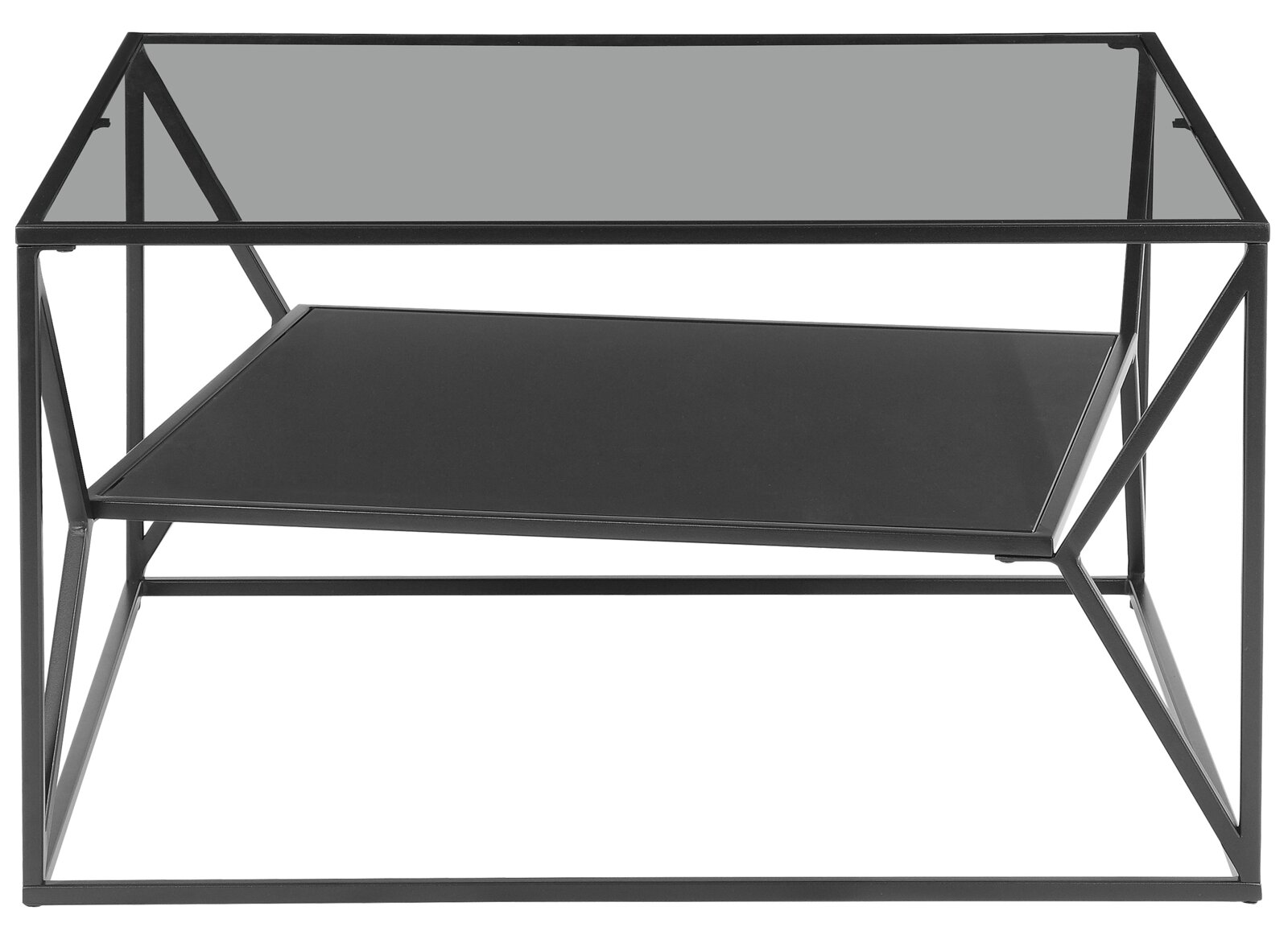 Moderne bijzettafel met glazen blad en zwart metalen frame, zijaanzicht