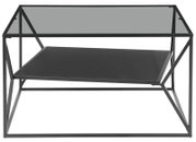 Moderne bijzettafel met glazen blad en zwart metalen frame, zijaanzicht