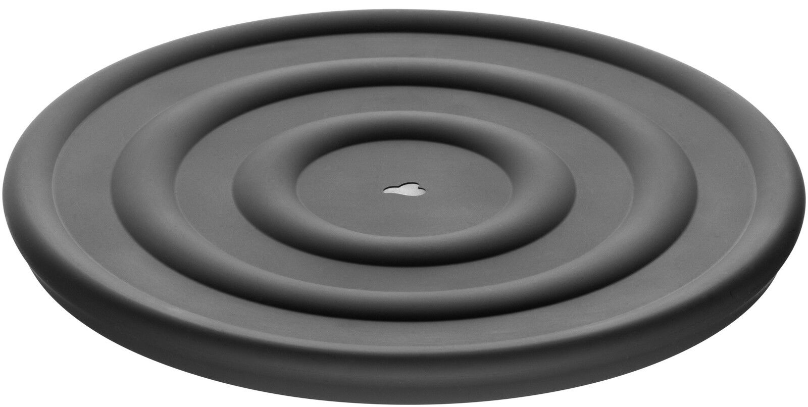 Runder, anthrazitfarbener Silikondeckel mit konzentrischen Kreisen, von oben betrachtet.