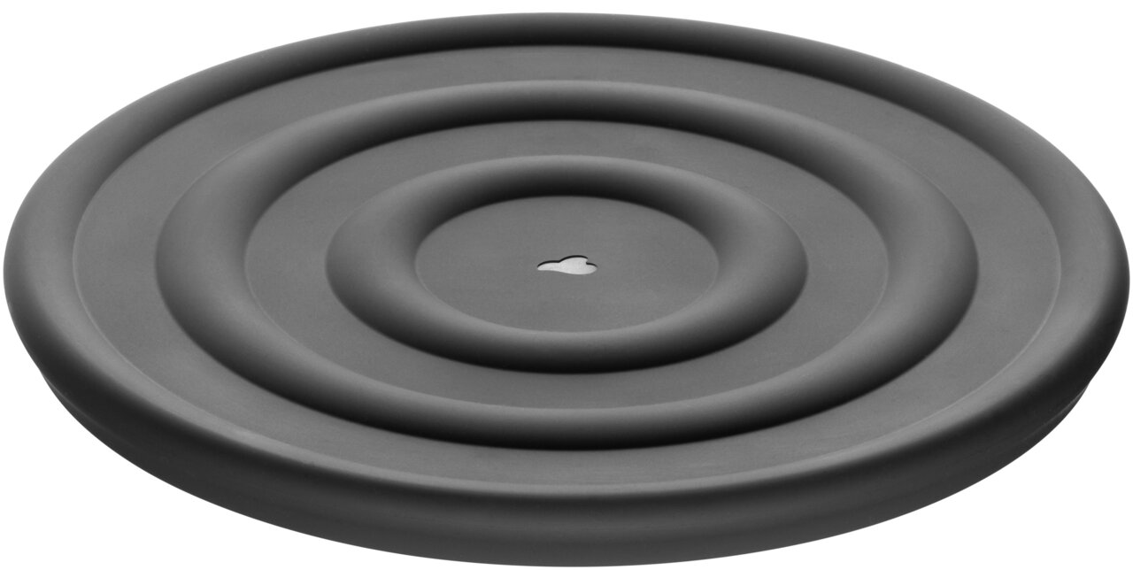Runder, anthrazitfarbener Silikondeckel mit konzentrischen Kreisen, von oben betrachtet.