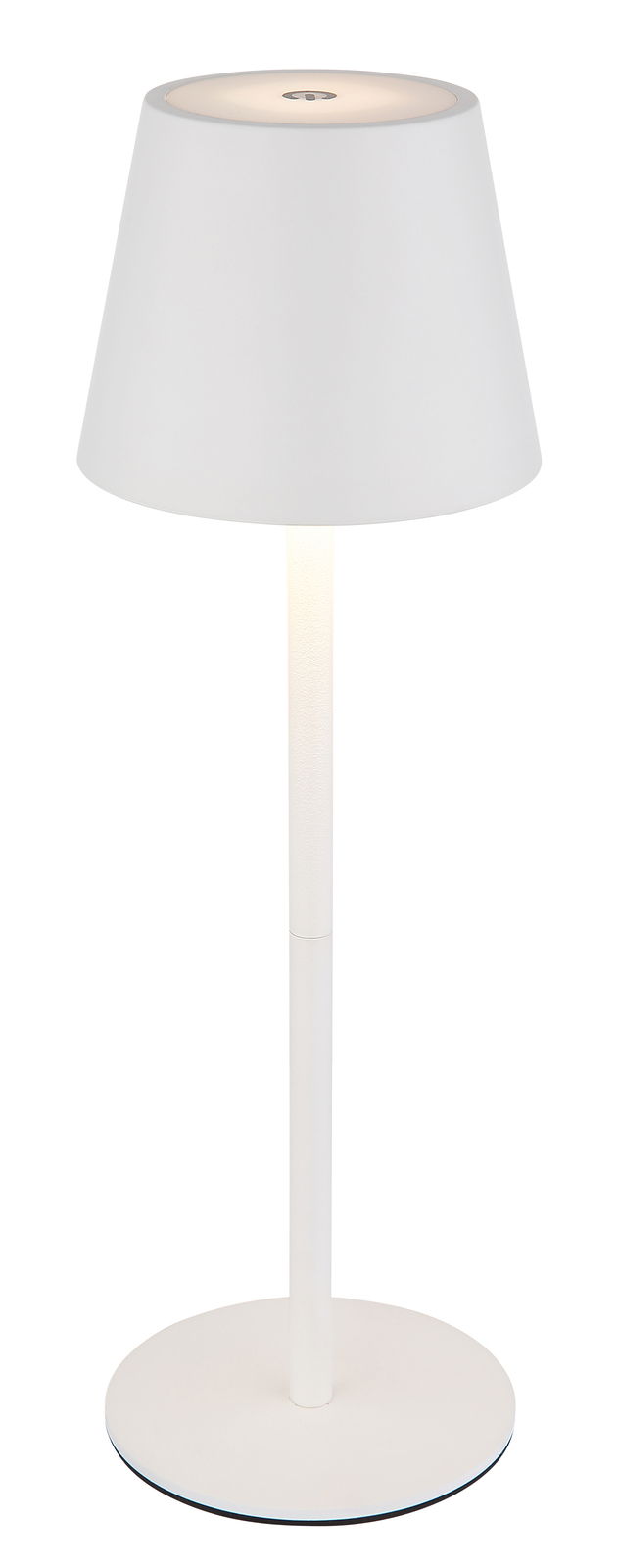Weiße Akku-Tischleuchte VANNIE 3 in seitlicher Ansicht mit rundem Lampenschirm und schlankem Standfuß.
