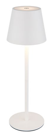 Weiße Akku-Tischleuchte VANNIE 3 in seitlicher Ansicht mit rundem Lampenschirm und schlankem Standfuß.
