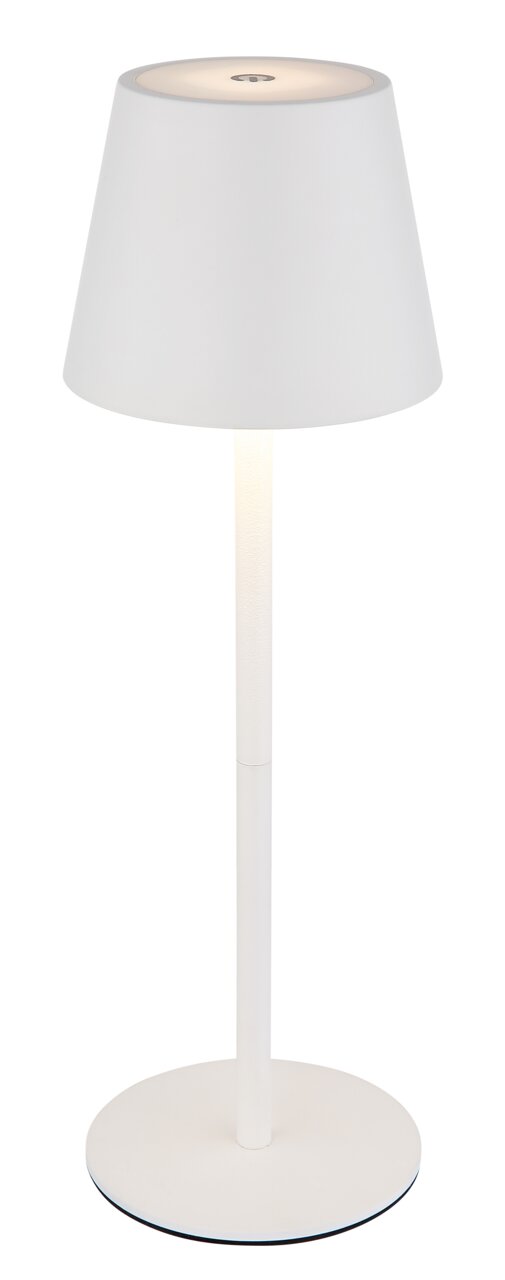 Globo Lighting Tischleuchte 3 in 1 VANNIE Weiße Akku-Tischleuchte VANNIE 3 in seitlicher Ansicht mit rundem Lampenschirm und schlankem Standfuß.
