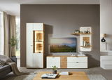Moderne Wandkombination in einem Wohnzimmer, bestehend aus einem hohen Schrank mit Glaseinsätzen, einem TV-Schrank und zwei Wandregalen. Die Perspektive zeigt die Frontansicht der Möbel vor einer grauen Wand.