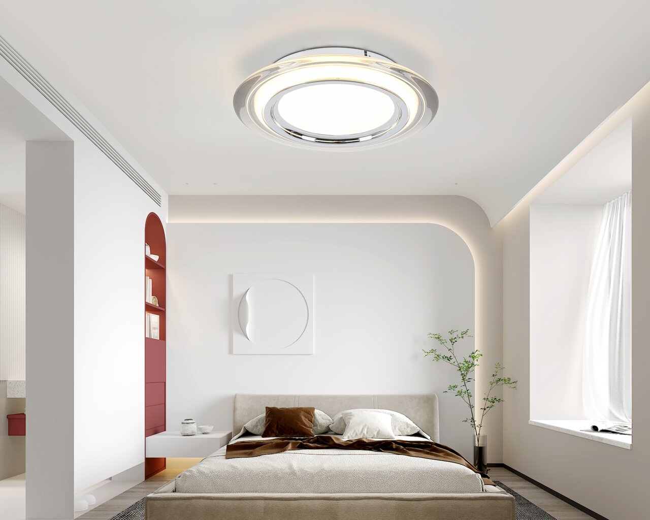 Moderne LED-Deckenleuchte in einem stilvollen Schlafzimmer, von unten betrachtet.