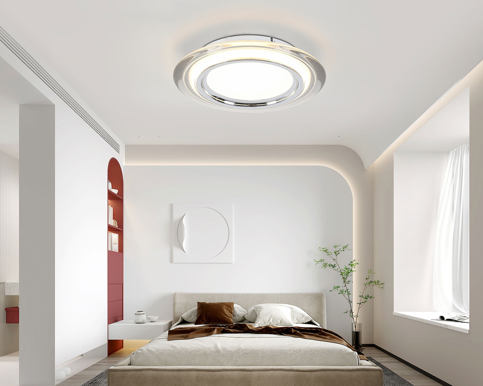 Moderne LED-Deckenleuchte in einem stilvollen Schlafzimmer, von unten betrachtet.