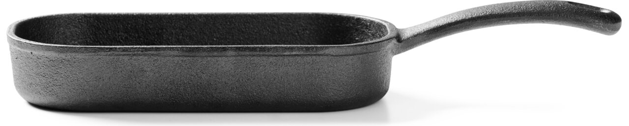 Gietijzeren grillpan met lange handgreep, zijaanzicht