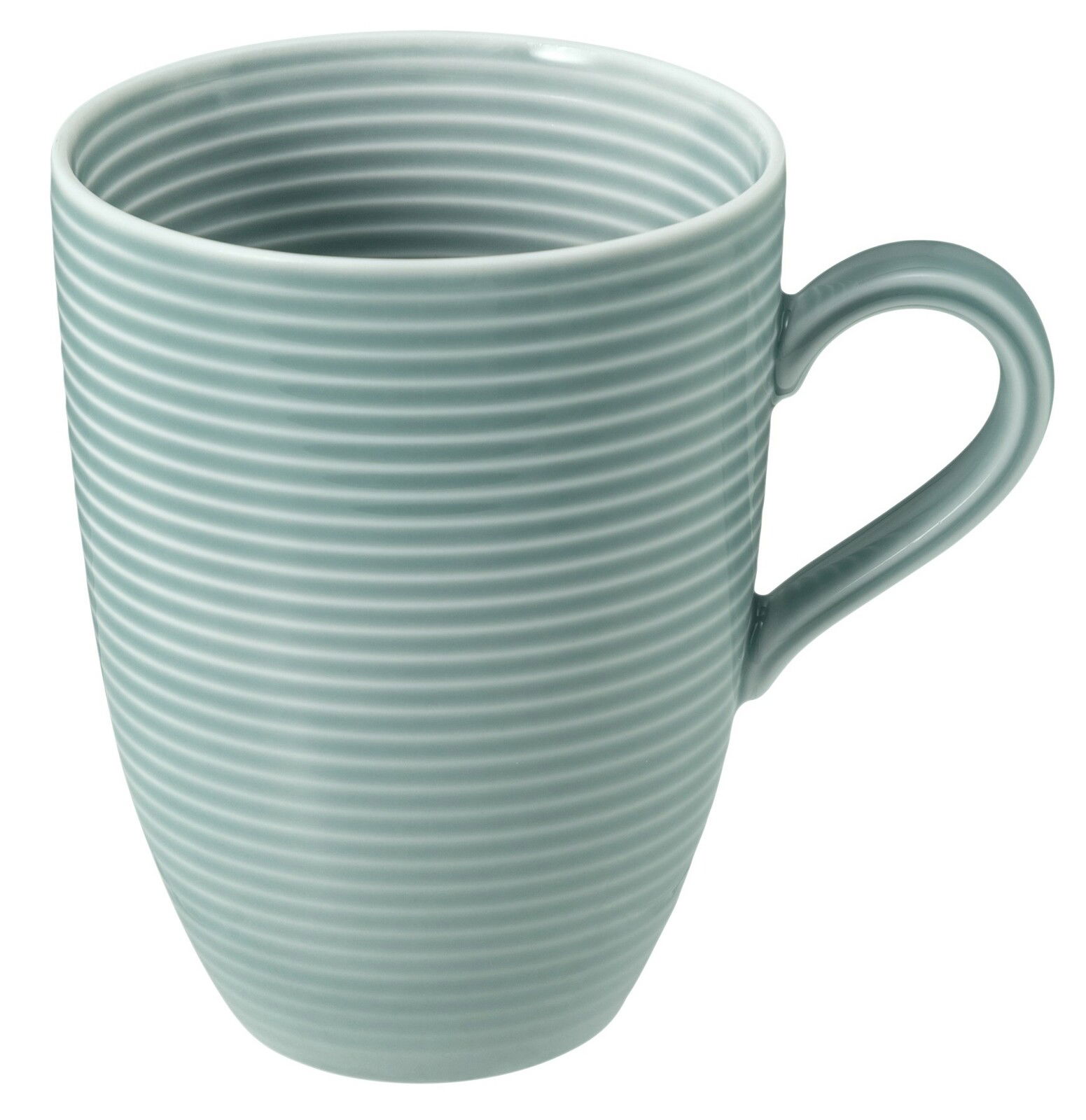 Grauer Becher mit Henkel, 0,35l, aus seitlicher Perspektive fotografiert