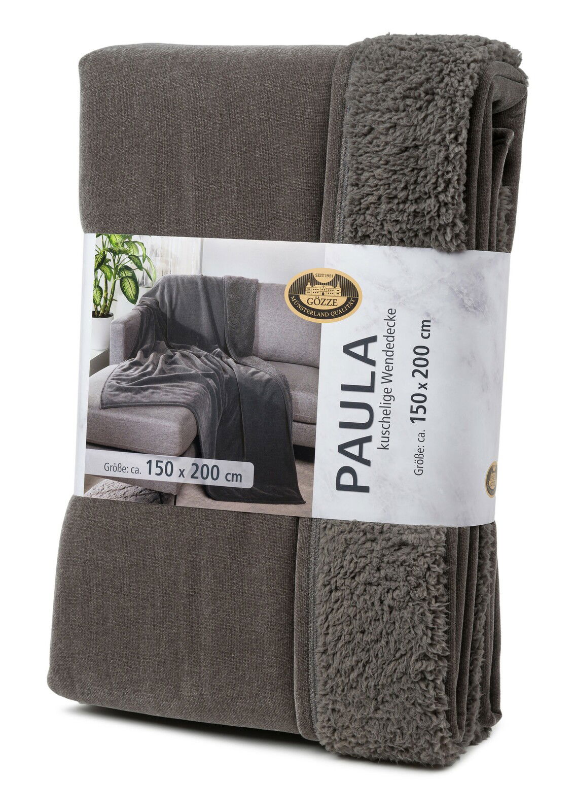 Graue Chenille-Wohndecke, Größe 150 x 200 cm, in Verpackung, Vorderansicht