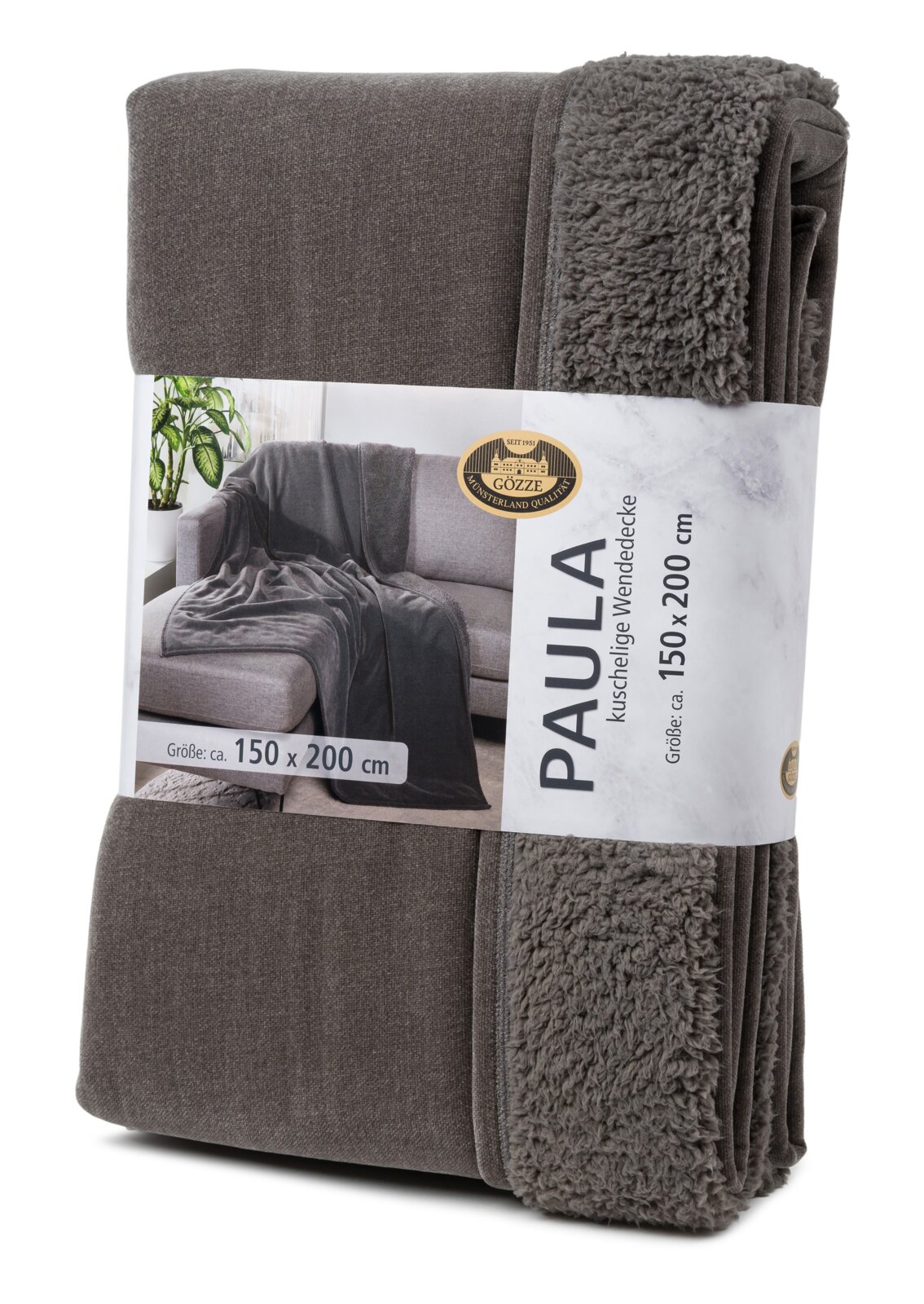 Graue Chenille-Wohndecke, Größe 150 x 200 cm, in Verpackung, Vorderansicht