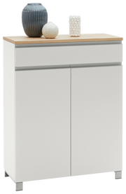 Moderner weißer Schuhschrank mit Holzplatte, dekoriert mit drei Vasen, frontal abgebildet.