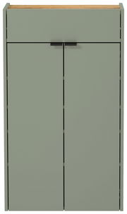Moderner Hängeschuhschrank in grünlicher Farbe mit zwei Türen und schwarzem Griff, Frontalansicht