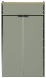 Moderner Hängeschuhschrank in grünlicher Farbe mit zwei Türen und schwarzem Griff, Frontalansicht