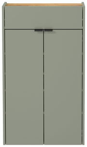 Moderner Hängeschuhschrank in grünlicher Farbe mit zwei Türen und schwarzem Griff, Frontalansicht