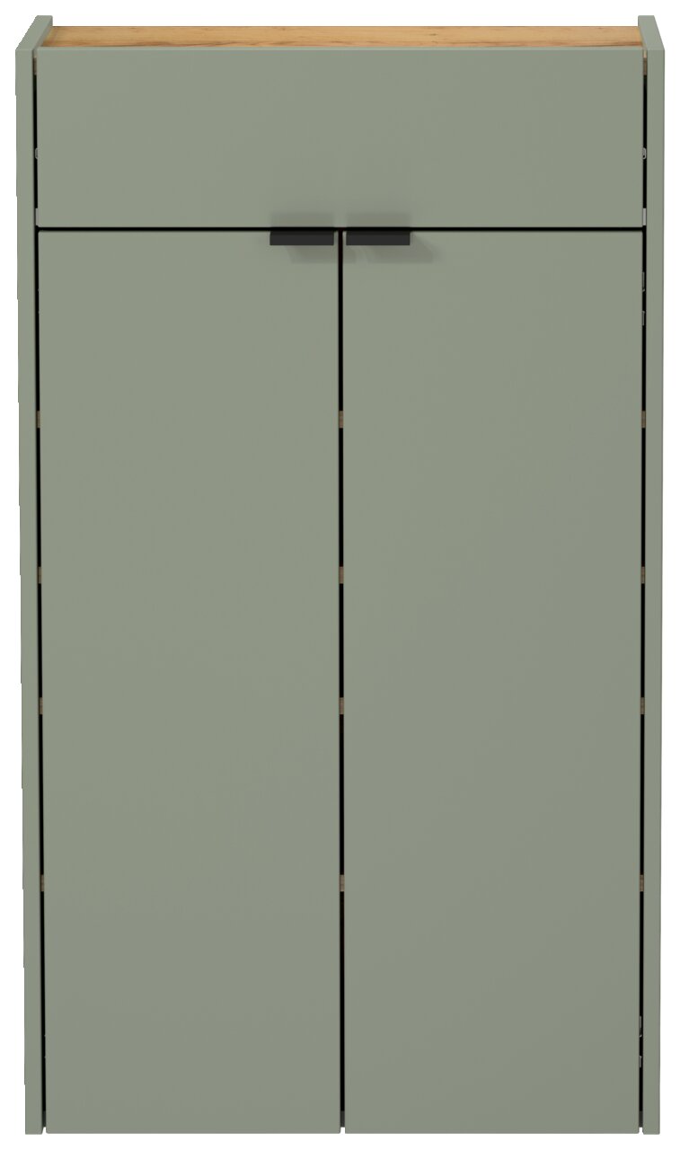 Moderner Hängeschuhschrank in grünlicher Farbe mit zwei Türen und schwarzem Griff, Frontalansicht